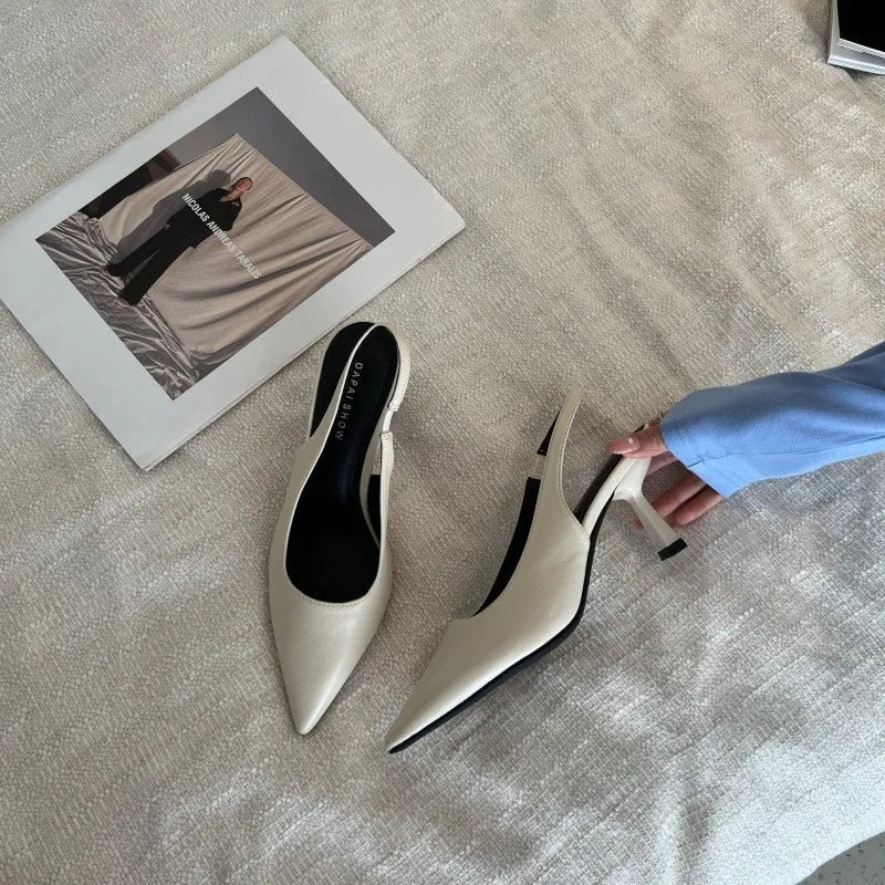 Black Pointed Toe Single Shoes Women's New Summer High Heels Thin Heel Slip-On Sandals Fashionable Elegant Women's Footwear