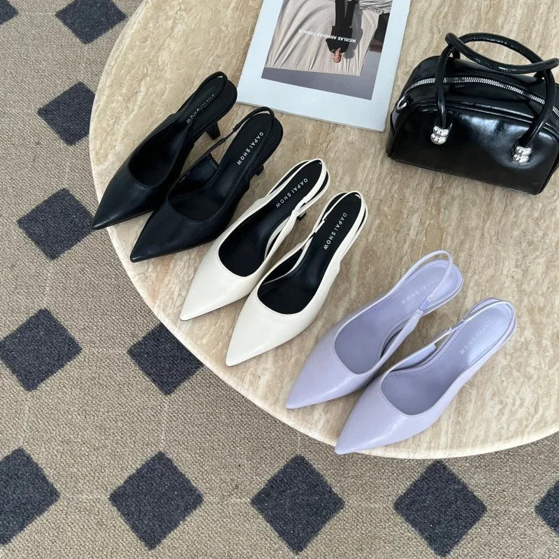 Black Pointed Toe Single Shoes Women's New Summer High Heels Thin Heel Slip-On Sandals Fashionable Elegant Women's Footwear